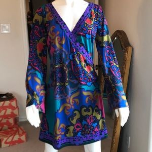 Hale Bob Groovy Faux Wrap Dress w/ bell sleeves L